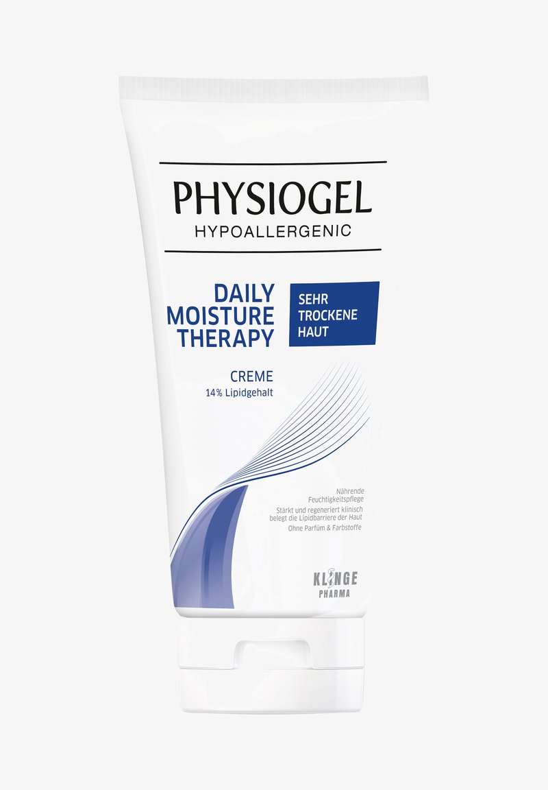 Weißes Rohr mit Flip-Top-Deckel, mit schwarzem und blauem Text. Enthält "Physiogel Daily Moisture Therapy" für sehr trockene Haut. 14% Lipidgehalt.
