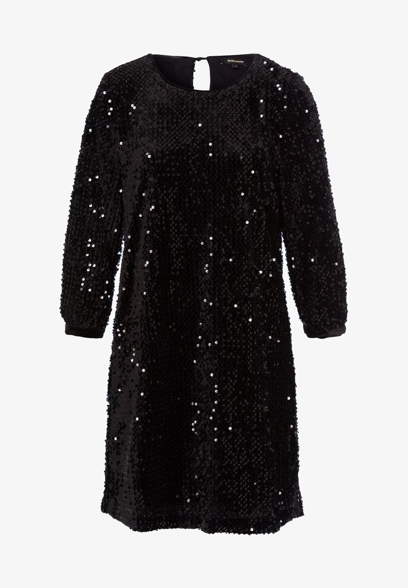 Robe noire longueur genou à manches longues, couverte de sequins noirs brillants, avec un col rond et une fermeture par boutons au dos.