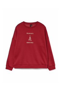 Rdeč pulover z okroglim vratnim izrezom, na katerem je napisano z belimi črkami "SEASON'S GREETINGS" ter preprost motiv božičnega drevesca.