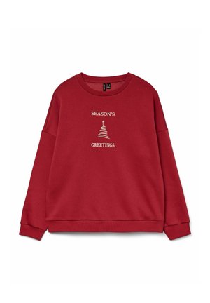 Crvena majica s okruglim izrezom, na kojoj je bijeli natpis "SEASON'S GREETINGS" i jednostavna grafika božićnog drvca.