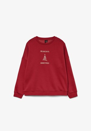 Sudadera roja con cuello redondo, con texto en blanco que dice "FELICES FIESTAS" y un gráfico sencillo de un árbol de Navidad.