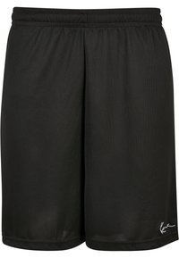 Shorts de sport noirs avec une texture en maille, une taille élastique et un accent logo blanc au bas à droite.