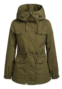 Olive green waterproof jacket with a hood, drawstrings, two chest pockets, and adjustable cuffs. Smooth texture and tailored fit.