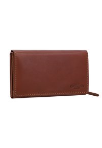 Pruun nahast rahakott tekstureeritud pinnaga, mille servadel on õmblused ja küljel on ligipääsuks külgtab. Lihtne, ristkülikukujuline disain.