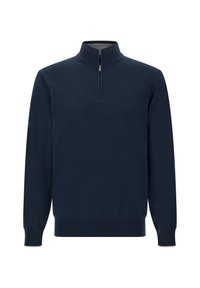 Laivastonsininen pitkähihainen villapaita, jossa on ribbineulottu kaulus, hihansuut ja helma sekä neljännesvetoketju kauluksessa.