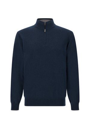 Marineblauwe trui met lange mouwen, een geribbelde kraag, manchetten en zoom, en een kwartritssluiting bij de hals.