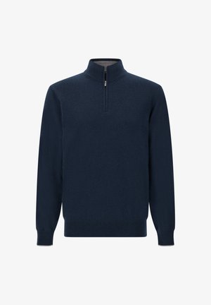 Navyblauer Langarmpullover mit geripptem Kragen, Bündchen und Saum sowie einem Viertelreißverschluss am Ausschnitt.