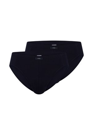 Twee zwarte herenslips met een gladde afwerking en een klein merkembleem in het midden van de tailleband.