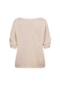 Hellbeige Pullover mit einem weichen, strukturierten Strick. Verfügt über einen weiten Ausschnitt und kurze, umgeschlagene Ärmel. Einfaches Design, ohne Muster oder Verzierungen.