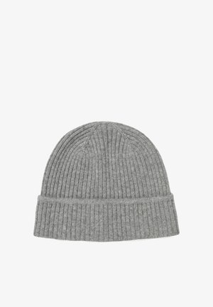 Cappello beanie grigio a coste con risvolto, realizzato in tessuto morbido e strutturato, caratterizzato da una corona senza cuciture e cuciture uniformi.