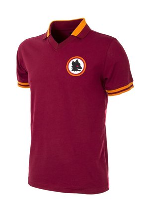 Maroon short-sleeve polo shirt with orange collar trim and sleeve stripes, featuring a black wolf head emblem in an orange circle on the chest.