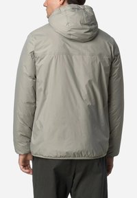 Giacca puffer grigia chiara con cappuccio, caratterizzata da una texture liscia e lucida, polsini elasticizzati e orlo diritto, vista dalla schiena.