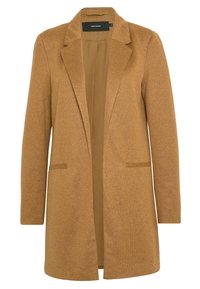 Brun kavaj i ullblandning med skårade slag, två framfickor, långa ärmar och öppen framkant. Texturerad yta över hela plagget.