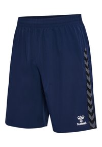Shorts de sport bleu marine en tissu léger, avec une taille élastique et des accents en chevron noirs sur les côtés. Logo de la marque affiché.
