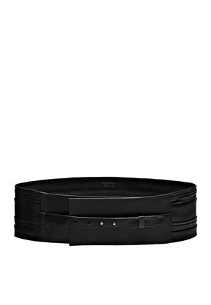 Black leather belt with a wide, smooth band and a narrow, adjustable strap featuring holes and a rectangular buckle.