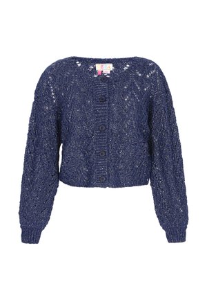 Marineblauwe cropped cardigan met lange, gestructureerde mouwen en een knoopsluiting aan de voorkant. Heeft een ingewikkeld opengeweven patroon en een ronde halslijn.