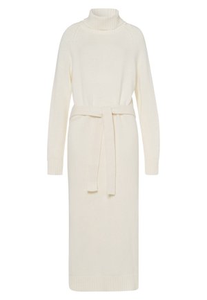 Langes, cremefarbenes Strickkleid mit Rollkragen, langen Ärmeln, gerippten Bündchen und Saum sowie einem passenden Gürtel, der in der Taille gebunden ist.