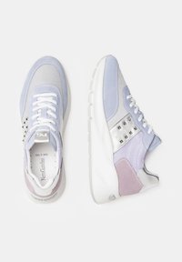 Light purple and gray sneakers with mesh and suede material, featuring silver accents and studs, white laces, and a cushioned sole.