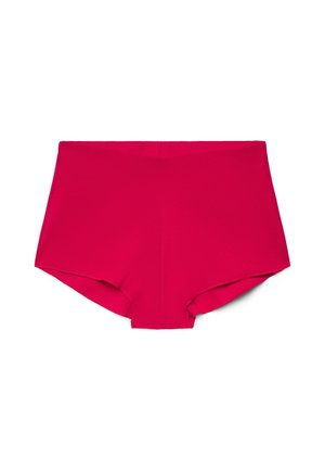 Shorts da donna a vita alta di colore rosa acceso, senza cuciture, con una texture liscia, disposti in piano su uno sfondo bianco.