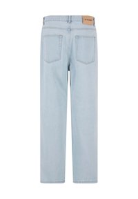 Light blue denim jeans with a relaxed fit, featuring a high waist, two back pockets, and a leather brand patch at the waistband.