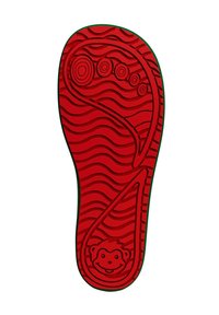 Suola di scarpa rossa con motivi a onde, cinque suole circolari vicino alla punta e un volto di scimmia sorridente vicino al tallone.