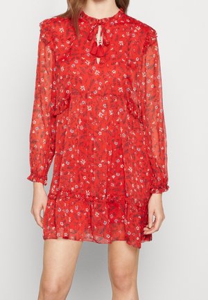 Robe florale rouge en tissu transparent, avec manches longues, col à volants et détail à pampilles au niveau du cou. Jupe évasée à volants superposés.