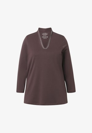 Long-sleeve, V-neck top in dark brown fabric. Features a decorative neckline with silver embellishments. Soft, breathable material with a relaxed fit.