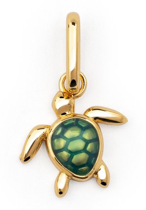 Gouden schildpad charme met een groen, hexagonaal patroon in het midden en gladde, gepolijste randen. Bevestigingslus voor bevestiging aan sieraden.