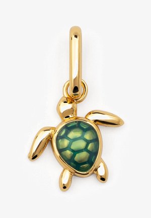 Goldene Schildkröten-Anhänger mit einem grünen, hexagonalen Muster in der Mitte und glatten, polierten Kanten. Befestigungsschlaufe zur Anbringung an Schmuck.