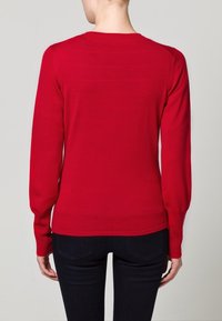 Maglione rosso a maniche lunghe con scollatura rotonda. Tessuto a maglia morbido, design aderente e maniche affusolate. Semplice, senza motivi o decorazioni.
