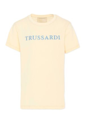 Jasnożółta bawełniana koszulka z krótkim rękawem z niebieskim haftowanym napisem „TRUSSARDI” na piersi.
