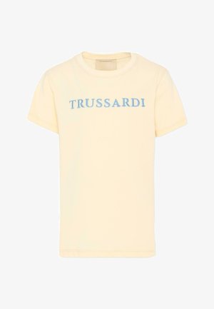 T-shirt en coton jaune clair à manches courtes avec le texte bleu "TRUSSARDI" brodé sur la poitrine.
