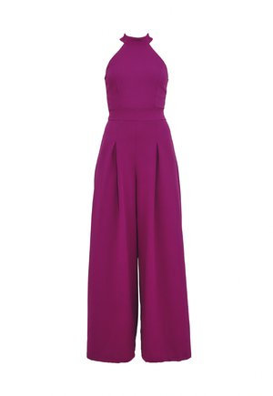 Purple jumpsuit featuring a halter neck, wide-leg design, and pleated front. Made from soft, smooth fabric with a fitted waist.