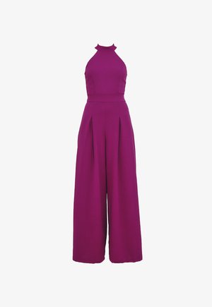 Purple jumpsuit featuring a halter neck, wide-leg design, and pleated front. Made from soft, smooth fabric with a fitted waist.
