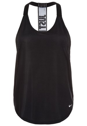 Schwarzes ärmelloses sportliches Tanktop aus perforiertem Stoff, mit Rundhalsausschnitt, Racerback mit elastischem Riemen mit Markenlogo und kleinem weißen Nike-Logo auf der Vorderseite.