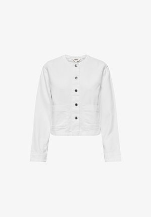 Biała krótka kurtka z denimu z okrągłym dekoltem, długimi rękawami, zapięciem na guziki z przodu i dwiema kieszeniami z przodu.