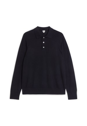 Navy long-sleeve polo shirt made of soft fabric, featuring a classic collar, three-button placket, and ribbed cuffs at the sleeves.