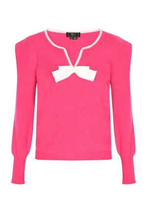 Maglione fucsia con scollatura a V, dettaglio di fiocco bianco sul petto e maniche lunghe con polsini a costine. Realizzato in materiale knit morbido.