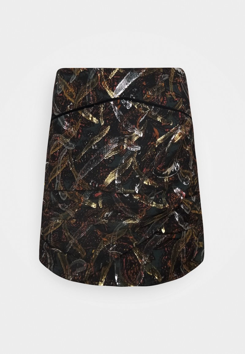 Mini-jupe noire avec un motif abstrait brillant en or, marron et argent, composé de dessins ressemblant à des coups de pinceau, et une couture diagonale à l'avant.