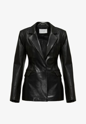 Black leather blazer with a structured design, notched lapels, a single front button, and side pockets, featuring a smooth texture.