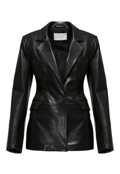 Black leather blazer with a structured design, notched lapels, a single front button, and side pockets, featuring a smooth texture.