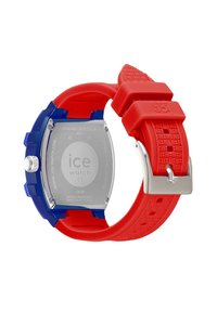Rote Silikonarmbanduhr mit blauem Kunststoffgehäuse, Edelstahlrücken und runder Ziffernblatt; ausgestattet mit strukturiertem Armband und silberfarbenen Beschlägen.