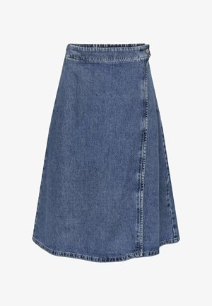 Sinine denim A-line seelik, millel on esipaneeliga mudeleid, nähtavad õmblused, lõpetatud äär ja üks nööp vööl.