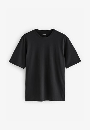 Zwart T-shirt met ronde hals, korte mouwen, reguliere pasvorm, gemaakt van glad, lichtgewicht stof, met minimale stiksels en zonder patronen.
