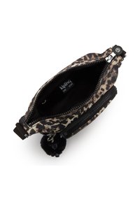 Kipling pouch with a leopard print fabric, featuring a black zipper, small pom-pom accent, and black interior lining.