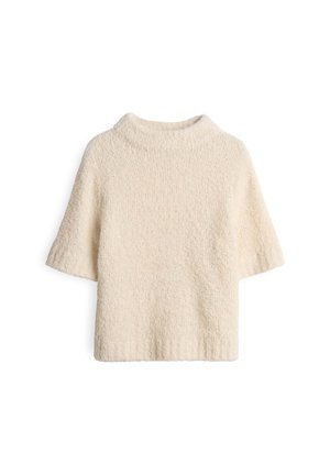 Maglione corto a maniche corte di colore crema, realizzato in tessuto testurizzato con colletto alto. Presenta una finitura morbida e pelosa. Senza chiusure visibili.