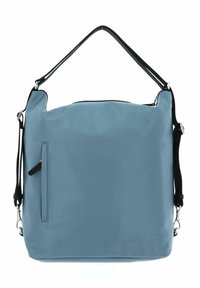 Borsa in nylon blu con una superficie liscia, tracolla nera regolabile, chiusura con zip superiore e tasca frontale. Design rettangolare minimalista.