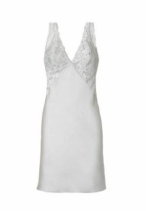 Witte satijnen slipdress met een kanten bovenstuk en een V-halslijn. Kenmerkt zich door fijne bloemenkantdetails en een glad, niet-getextureerde rok.