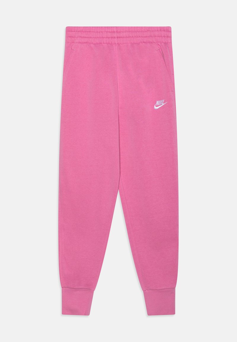 Rozā sporta bikses, kas izgatavotas no mīksta auduma, ar elastīgu jostu, ribotām piedurknēm un baltu Nike logo kreisajā gurnā.