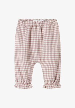 Pink and white checked toddler pants with an elastic waistband, ruffled cuffs, made from soft fabric, featuring a relaxed fit.